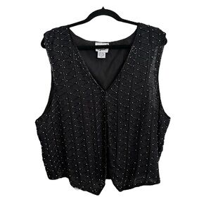 SWEET SUE Vintage 80s Black Silk Beaded Waistcoat Vest Art Deco Glam Size 22